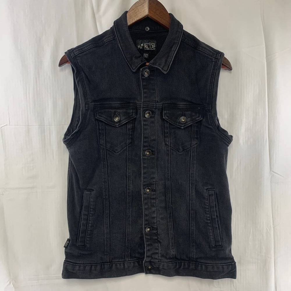 Rude Denim Vest Womens Small Black Faded Punk Rock Sleeveless Jacket *
